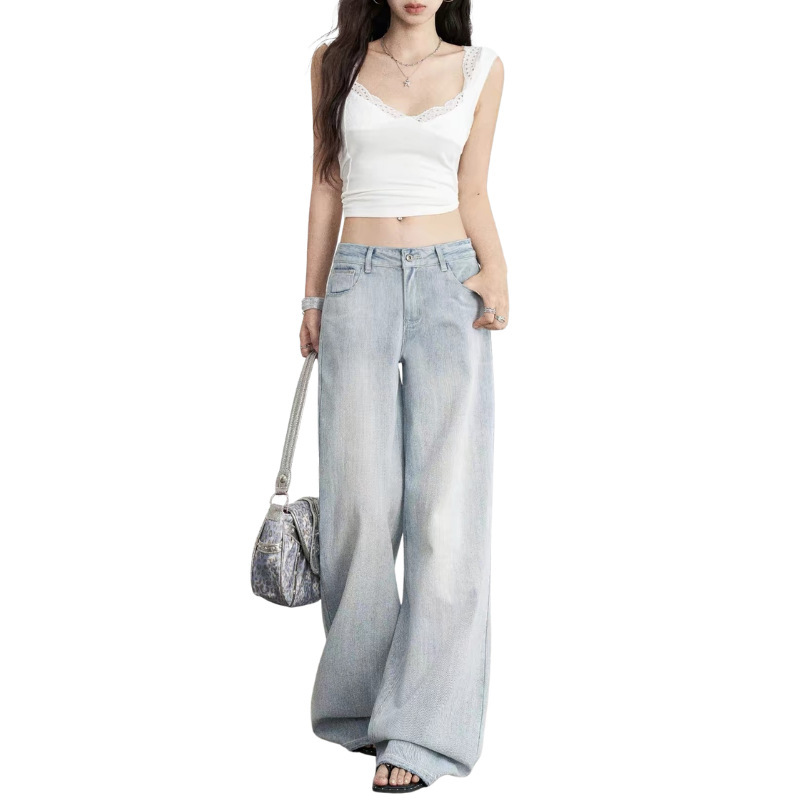 Customized OEM/ODM denim factory: Paris buckle jeans, washed light blue, straight-leg, bamboo pattern, wide-leg pants Customized OEM/ODM denim factory: Paris buckle jeans, washed light blue, straight-leg, bamboo pattern, wide-leg pants