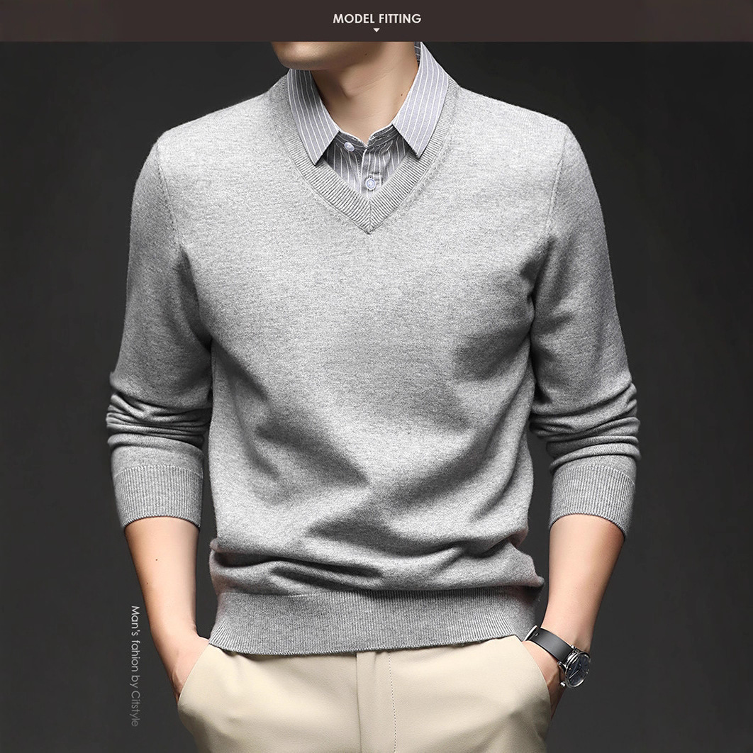 Suéter de punto casual de hombre delgado falso de dos piezas chaqueta nueva chaqueta gris de otoño y invierno simple camisa de punto con solapa