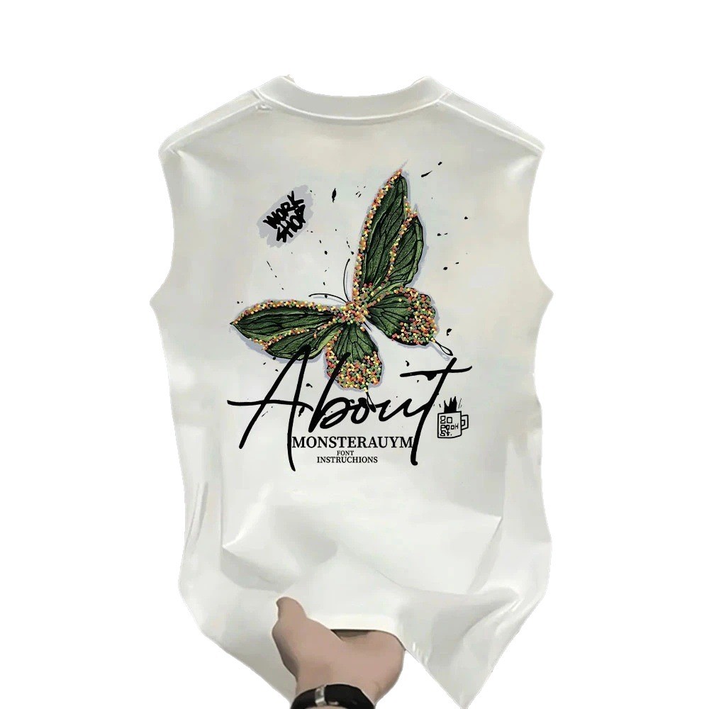 T-shirt senza maniche da uomo estiva con stampa grafica a farfalle - 100% cotone, vestibilità ampia, casual, ideale per sport e palestra._voghion.com