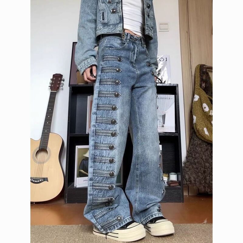 American retro large-size washed vintage-style jeans with metal buckles for women, street style, straight loose fit, slimming wide-leg pants American retro large-size washed vintage-style jeans with metal buckles for women, street style, straight loose fit, slimming wide-leg pants