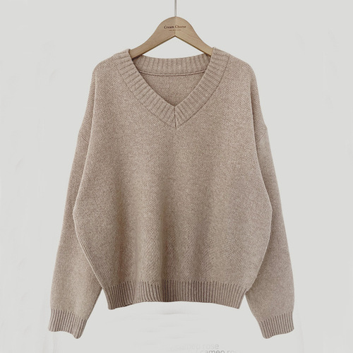 Actual Price - Korean Chic9 Color Basic Solid Color V-Neck Knit Sweater Long Sleeve Women's Warm Top