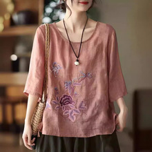 春夏季新款古典民族风文艺精美刺绣棉麻别致上衣女宽松短袖休闲T