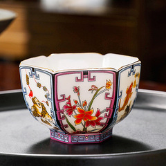 徳化白磁エナメル茶杯六方聚財主杯茶杯大サイズ中国式工夫陶磁器品茗杯