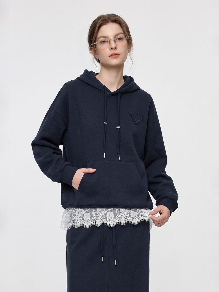 Áo hoodie nữ dài tay màu xanh đen phong cách thanh lịch kèm chân váy suông lưng thun — Màu xanh đen - nửa váy, Màu xanh đen - áo khoác, Xanh lông mòng đen - Set