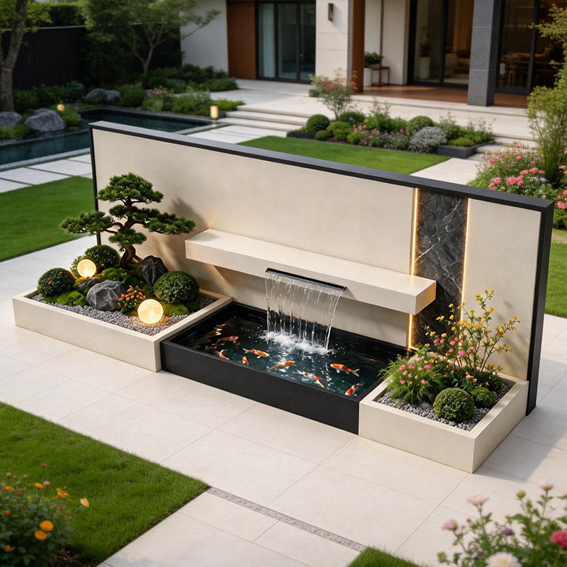 Aluminum alloy courtyard screen, waterproof fish pond, LED lighting for landscape design, outdoor garden, partition, flowing water landscape, and water curtain wall
