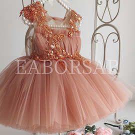 princess dress圣诞节公主裙女童网纱手工贴花周岁礼服亚马逊代发