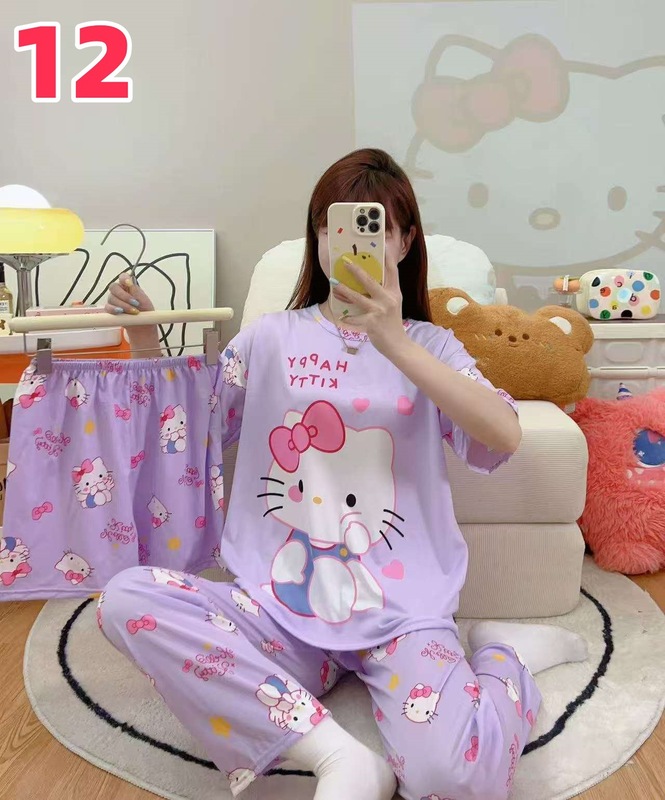睡衣女夏季新款卡通三件套可爱简约休闲圆领家居服套装可外穿|undefined