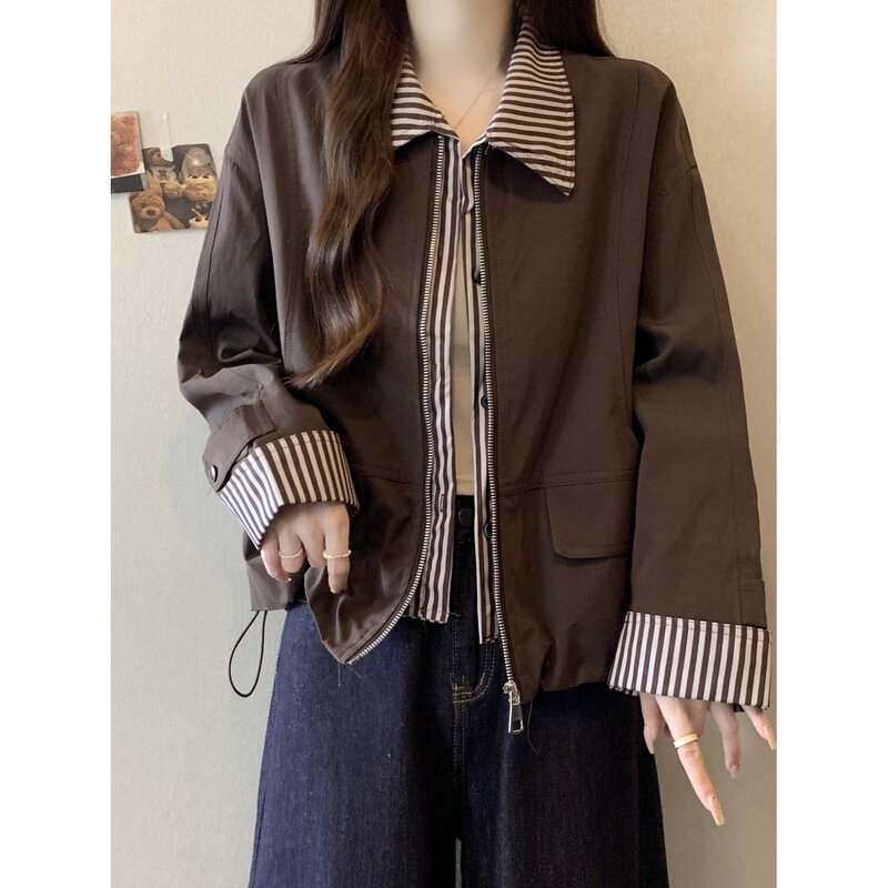 Designed Short Jacket Cardigan Jacket for Women 2025 Autumn New Large Size Fat mm Fake Two-Piece Stripesd Patchwork Top