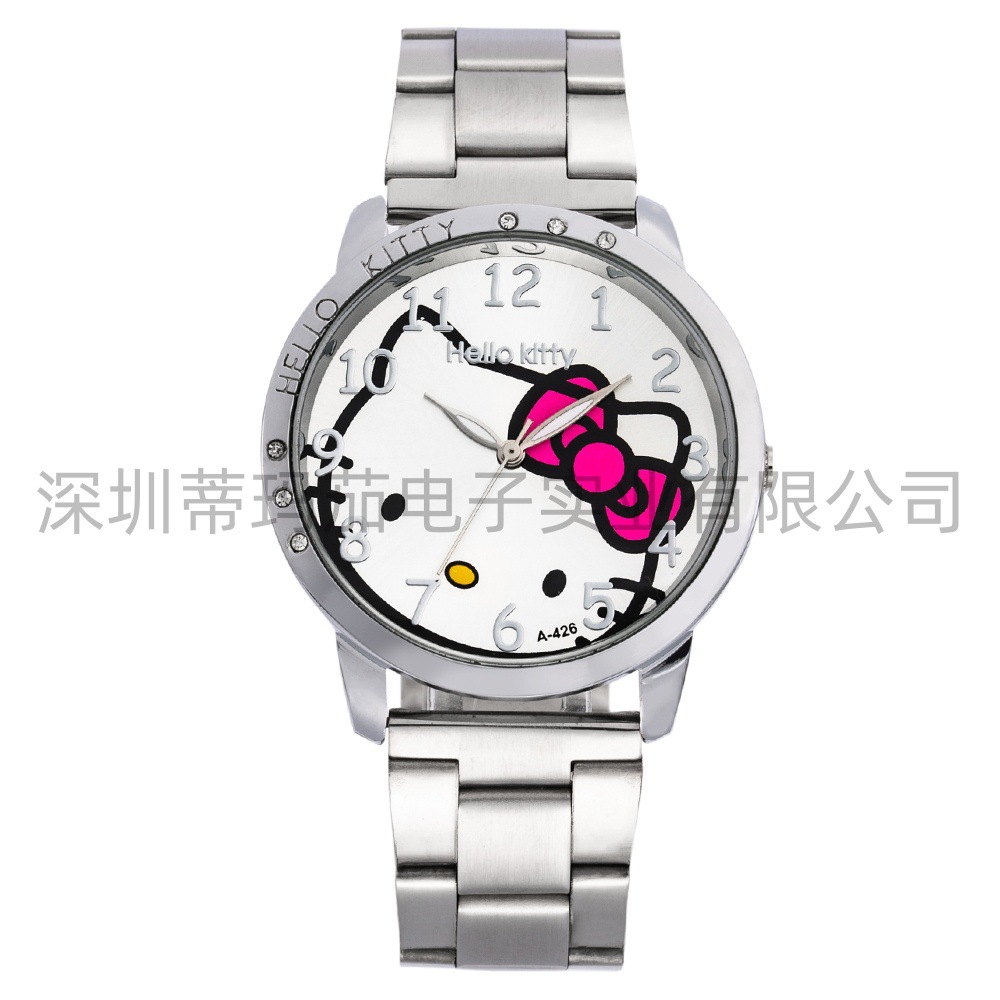 Cross-border hot-selling casual minimalist steel band women's watch, Kitty cat fashion cartoon quartz watch, factory direct sales.