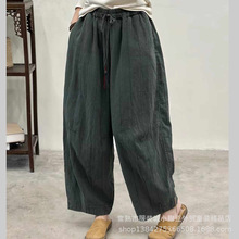 复古纯色明线装饰亚麻休闲裤25秋季松紧腰系带宽松哈伦裤