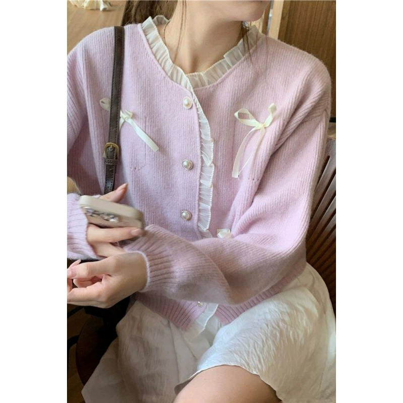 Фуксия свитер с брошкой, вязаный кардиган, французский стиль, стиль Chanel
