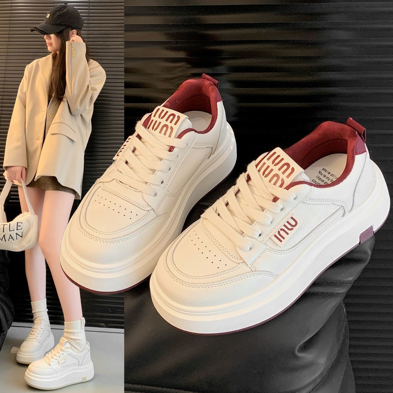 Suela gruesa cuatro temporadas zapatos blancos para mujeres 2025 nueva explosión primavera versátil Angola rojo pequeño muffin zapatos de skate image 8