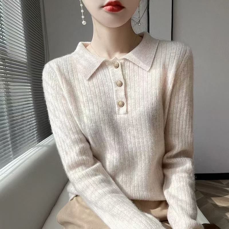 polo领开衫女气质翻领羊绒衬衫毛衣时尚打底针织衫上衣|undefined