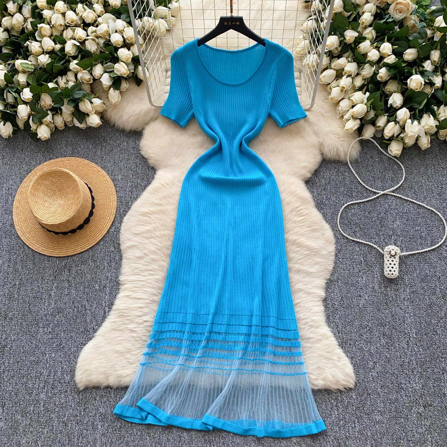 Женское платье Сексуальная фигура трикотажная юбка Французская талия тонкая с круглым вырезом и короткими рукавами сетчатая юбка