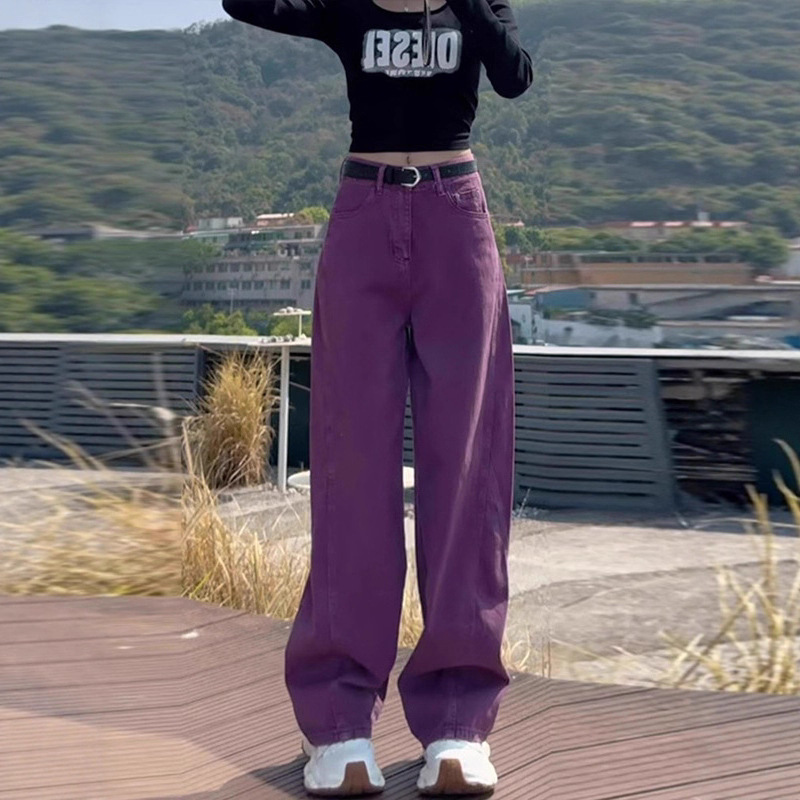 Plus-Size Purple Scimitar Jeans for Women, Spring and Autumn, Flattering for Pear-Shaped Body, High-Waisted, Straight Loose Fit, Floor-Length Wide-Leg Pants