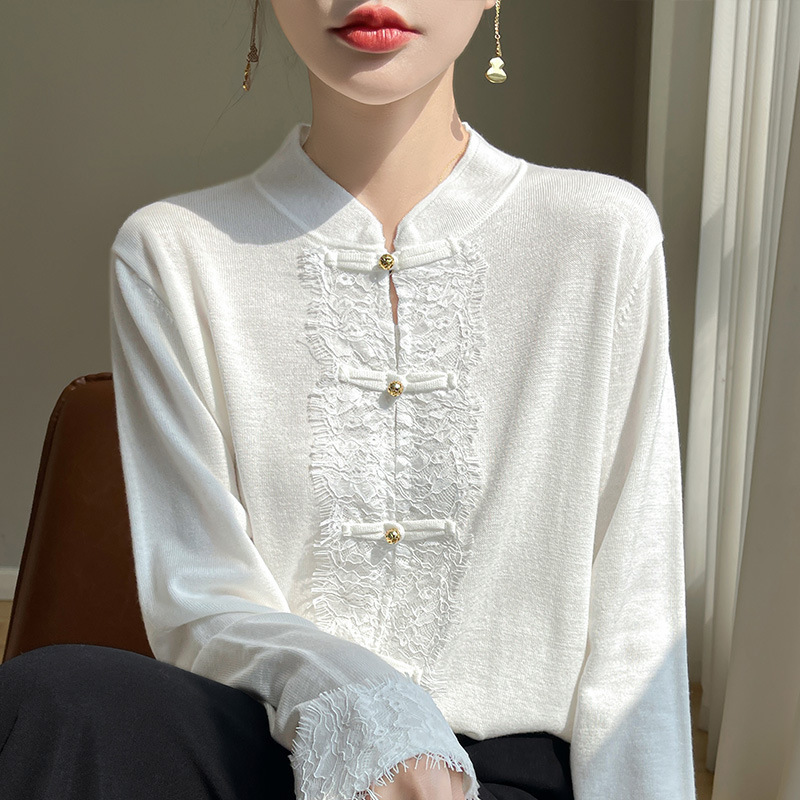 2025 Autumn and Winter New Chinoiserie Lace National Style Worsted Wool Knitted Cardigan Stand Collar Buttoned Knitted Bottoming Shirt