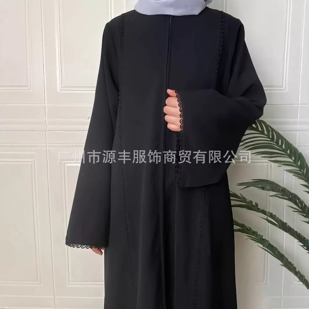 跨境新款纯色穆斯林中东阿拉伯拉链蕾丝长袖长袍开衫连衣裙ABAYA