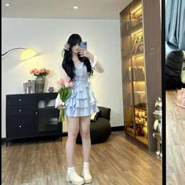大码韩系纯欲风辣妹套装女夏季胖mm吊带背心开衫蛋糕裙显瘦三件套