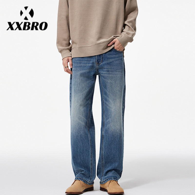 Muxi Clothing # Straight-Leg Jeans for Men, New Autumn and Winter Style, Loose Wide-Leg Pants, Washed Casual Long Pants, Trendy.