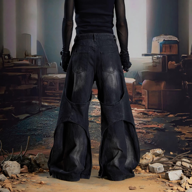 American-Style Dark Industrial Deconstructed Double-Layered Patchwork Wide-Leg Loose Frayed Tassel Distressed Jeans for Men and Women