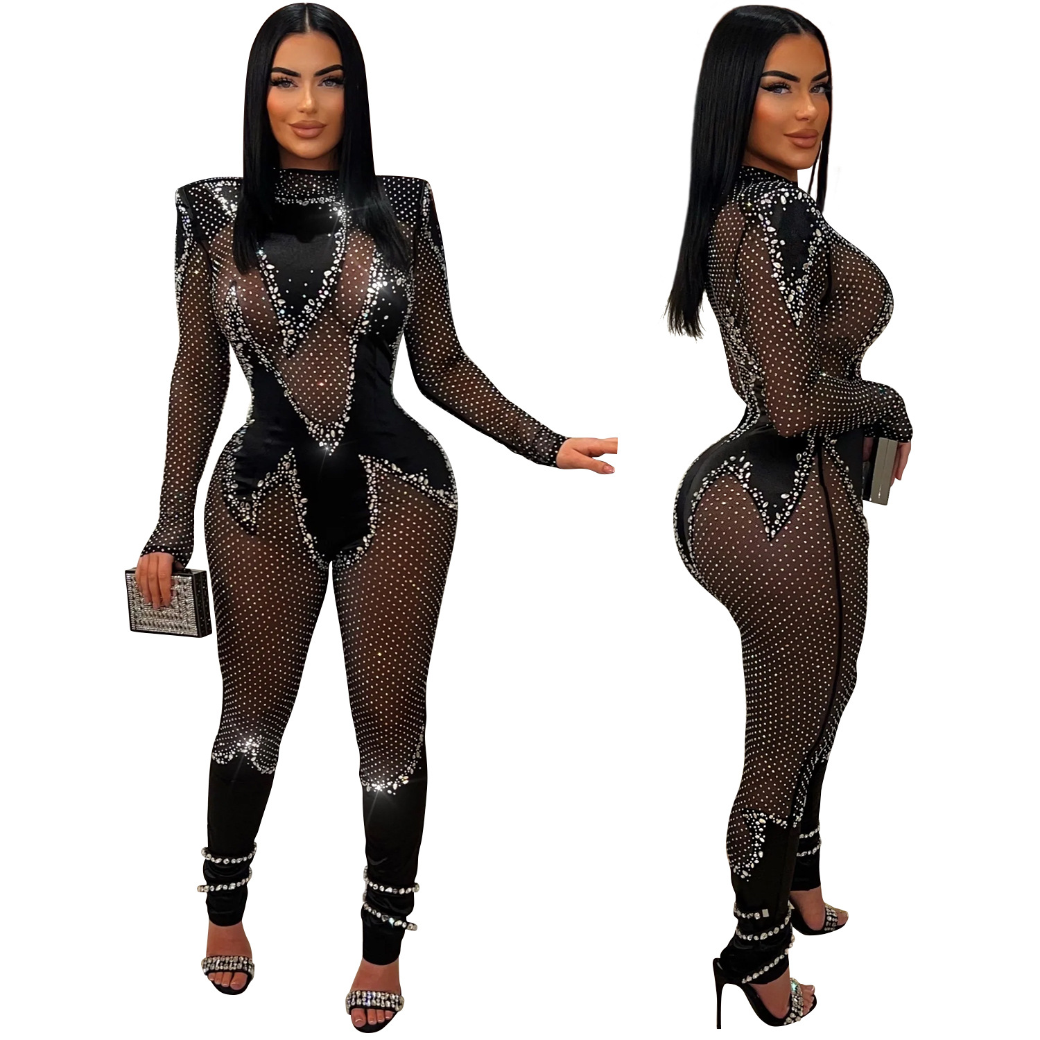 C6886 Aliexpress transfronterizo Amazon Europa y América de moda de mujer de color sólido malla de diamante pantalones de manga larga monje