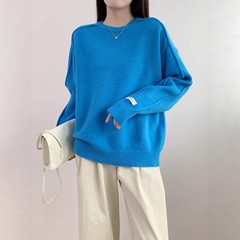 2025新款宽松圆领兰色针织衫套头毛衣秋冬女洋气独特别致上衣女