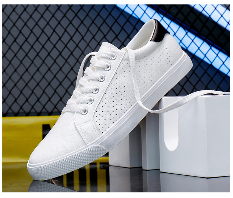 Caoutchouc petit blanc nouveaux trous de maille en cuir décontracté, à lacets d'été, chaussures de sport à fond plat pour étudiants, pour hommes_voghion.com