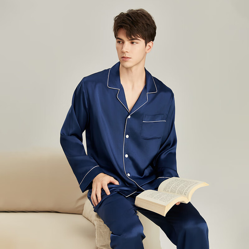 [Shopping Mall Same Style] Shanmu Silk Pajamas Men's Long Sleeve Trousers 100% Mulberry Silk Men's Silk Home Clothes