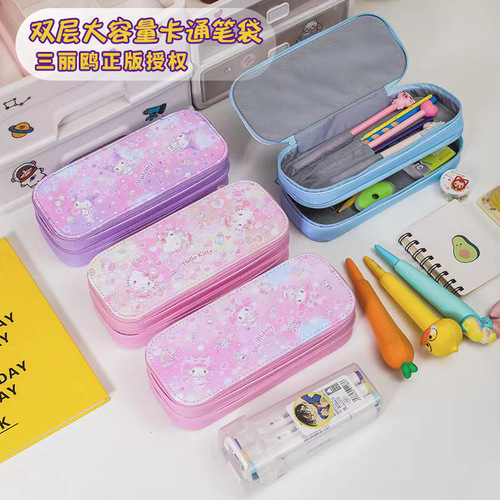 Triple A cartoon double-layer large capacity simple PU leather stationery bag, cute cartoon Korome pencil case