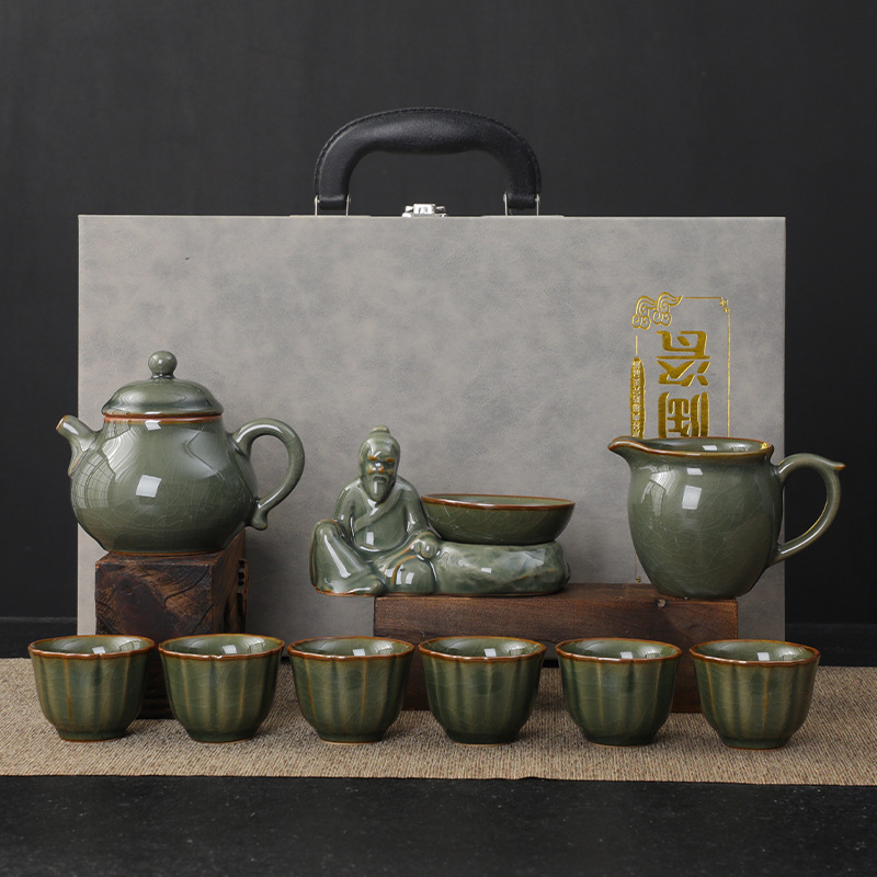 Ge Kiln embossed ceramic kung fu tea set high-end portable gift box teapot teacup home tea business gift