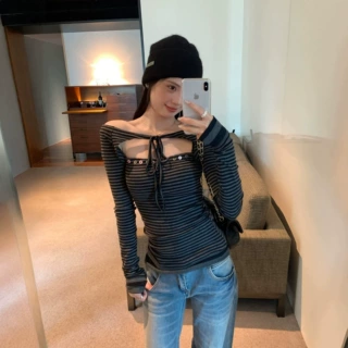 实拍 镂空修身条纹长袖羊毛T恤女2026秋冬新款适合单穿的韩系上衣