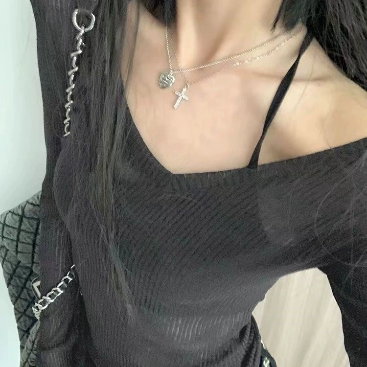 Knitted T-shirt, thin long-sleeve, sun protection, V-neckline, internet celebrity