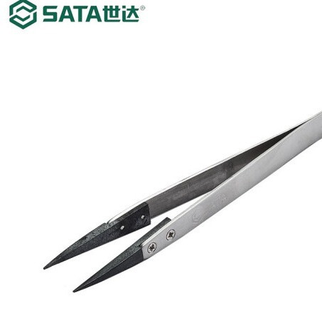 世达工具五金不锈钢防滑尖头镊子宽头镊弯头镊子拔毛03161