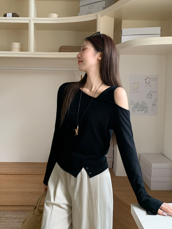 设计感别致气质斜角肩长袖t恤女秋季新款不规则开摆开叉露肩上衣|undefined