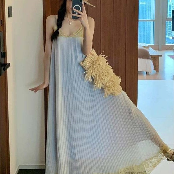Korean-Style Stunning Island Vacation Outfit Ins Lace Strap Dress for Women Summer 150kg Plus-Size Slimming Long Dress