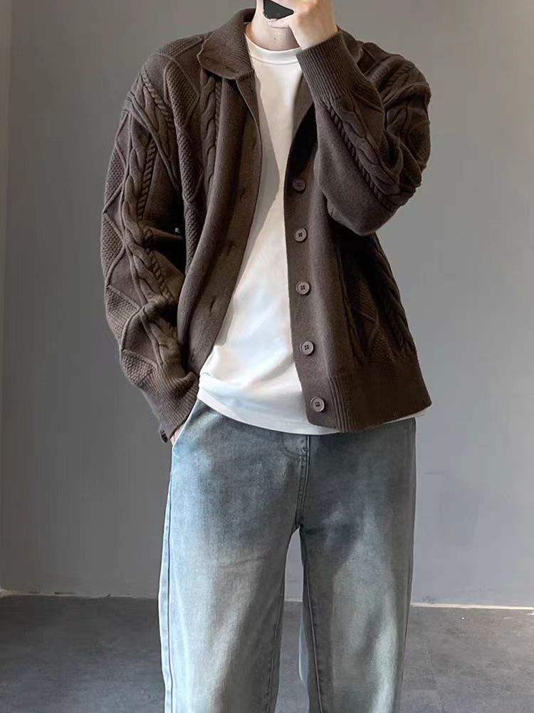 Camiseta de punto de color café chaqueta masculina suave principios de otoño coreana con suéter suelto estilo masculino de moda coreana