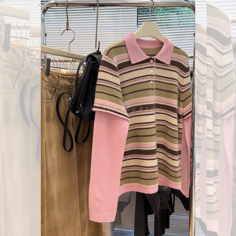 Korean-Style Pink Faux Two-Piece Polo Collar Knit Sweater for Women, Autumn and Winter Soft Thick Sweater Base Layer Top