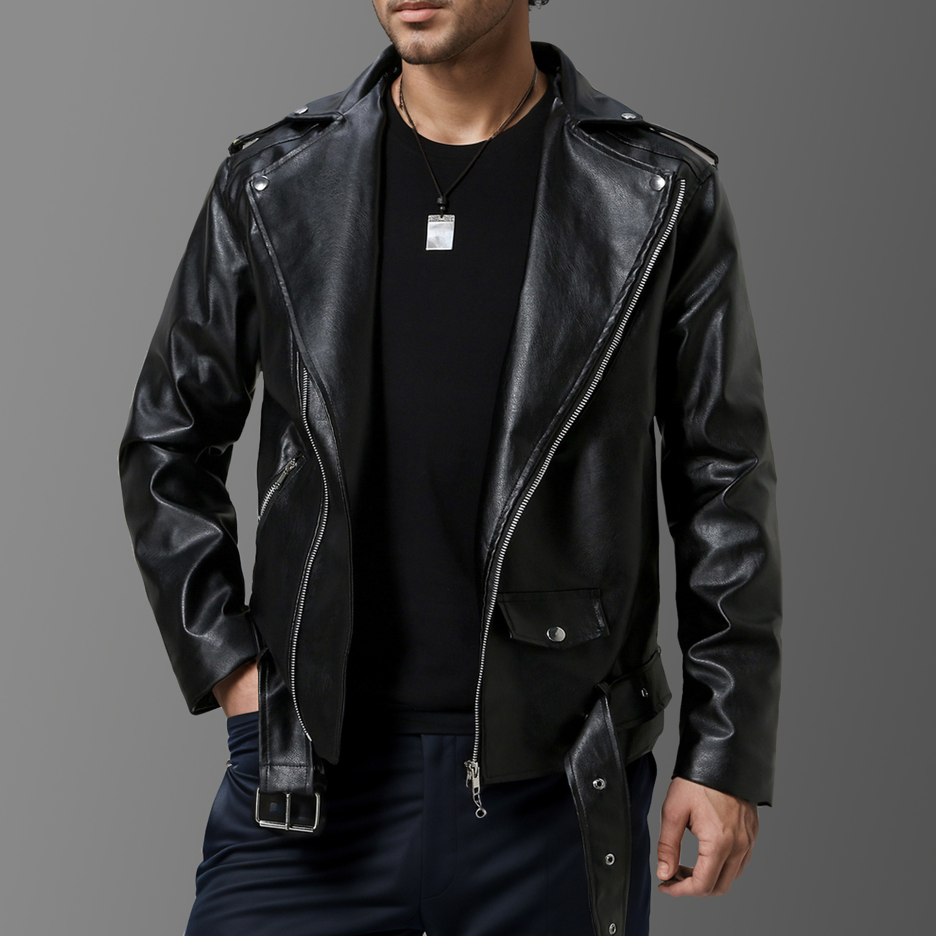 Men's Slim Fit Leather Jacket Lapel Biker Style For Autumn Winter_voghion.com