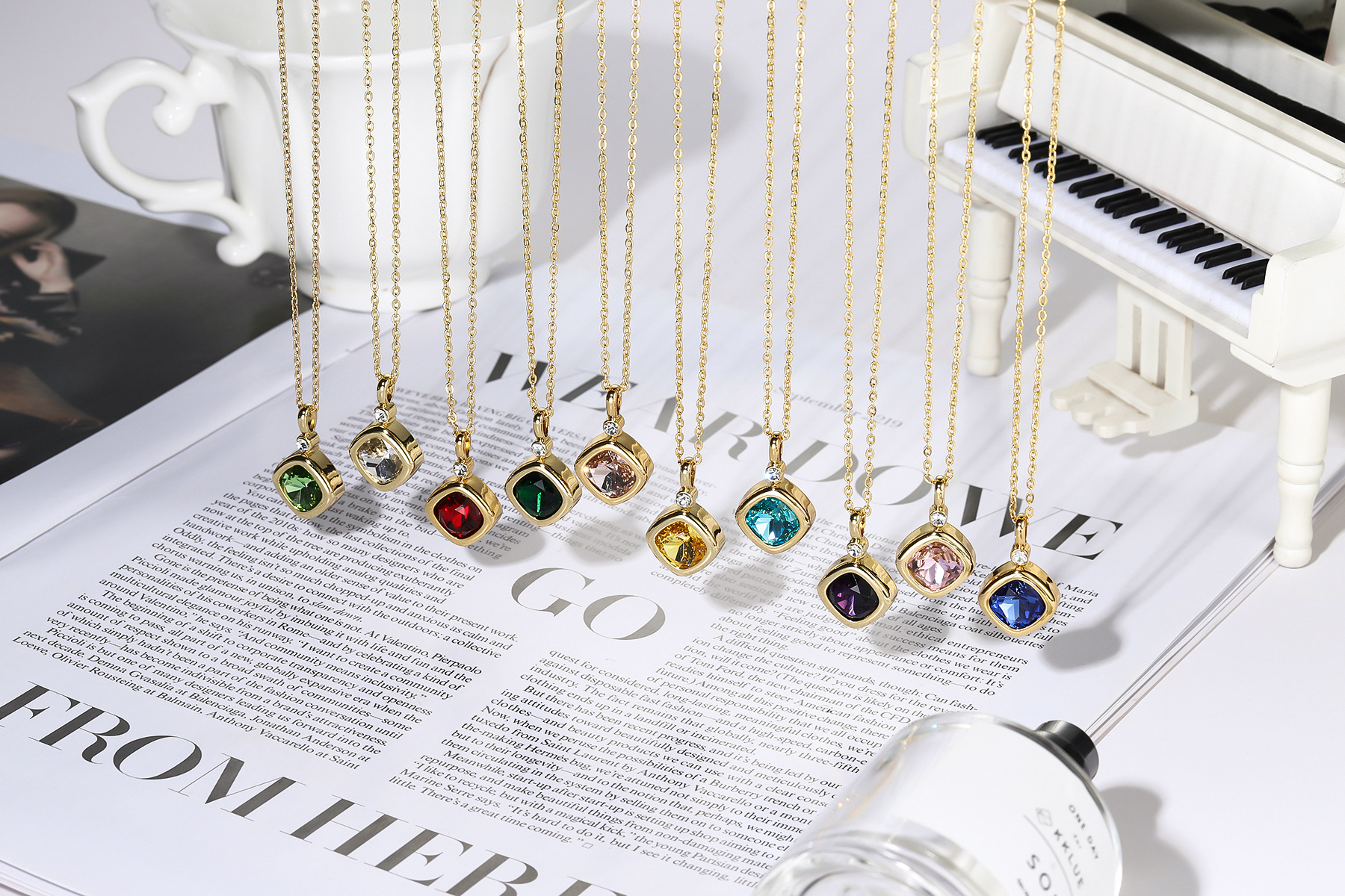 Chinoiserie Quadrilateral 18K Gold Plating Artificial Gemstones Pendant Necklace 1 Piece