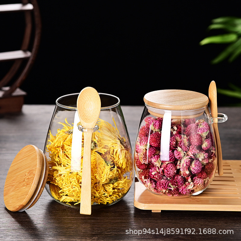 lata de té con cubierta de cuchara lata de sellado de vidrio botella de almacenamiento de té de alta calidad botella de almacenamiento doméstica jarro de condimento transparente