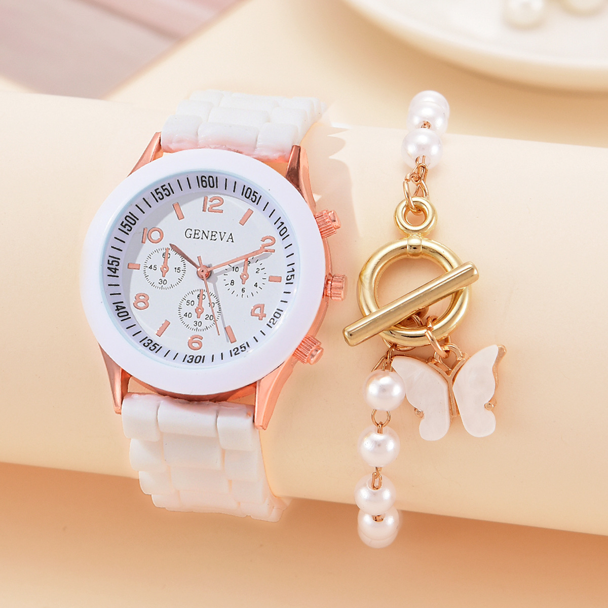 Neues Set Einfache Silikonband Nische Elegante Drei-Augen-Casual Damenuhr Zweiteilige Quarzuhr_voghion.com