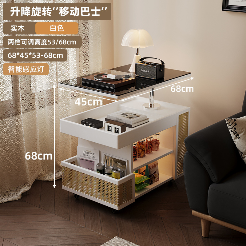 리프팅 회전 사이드 테이블 [화이트 + 블랙 강화유리] 지능형 센서 조명