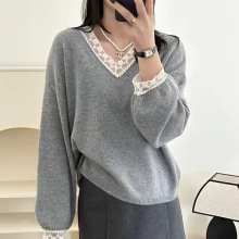 法式V领女士针织衫女宽松秋冬季2025年新款爆款蕾丝拼接打底毛衣