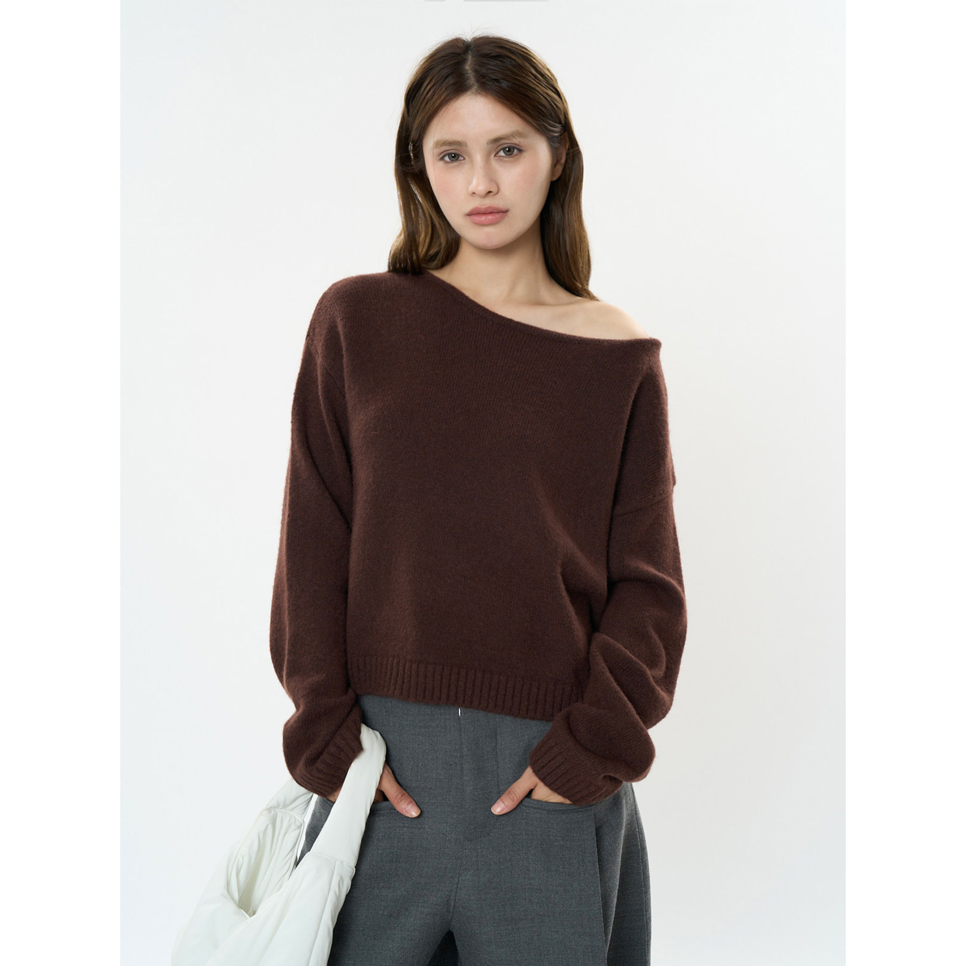 Winter woolen elastic elegant sweater with a round collar