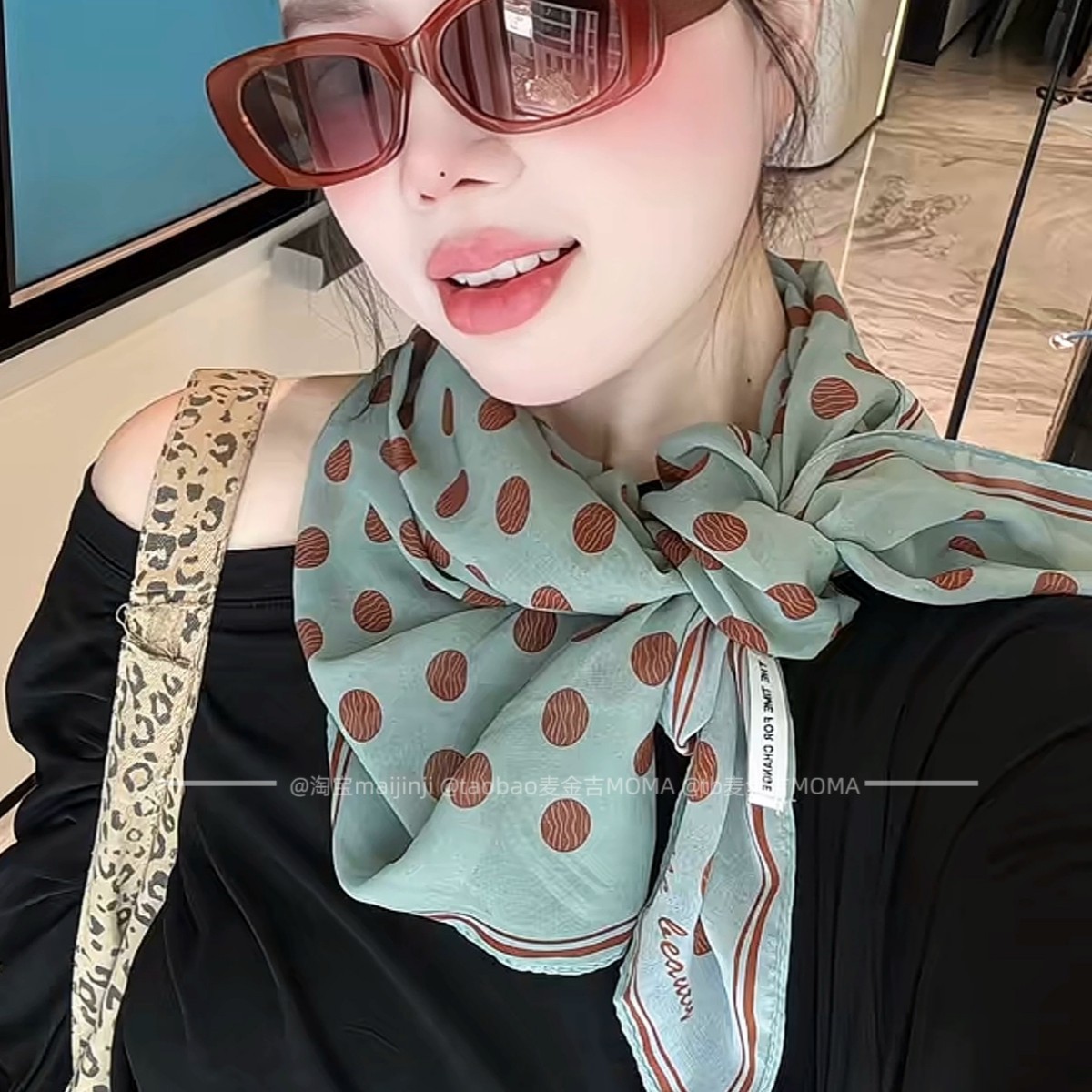 Polka Dot Rose Silk Crepe Scarf For Women - French Elegant Versatile Green Neck Scarf Bandana - Thumbnail 4