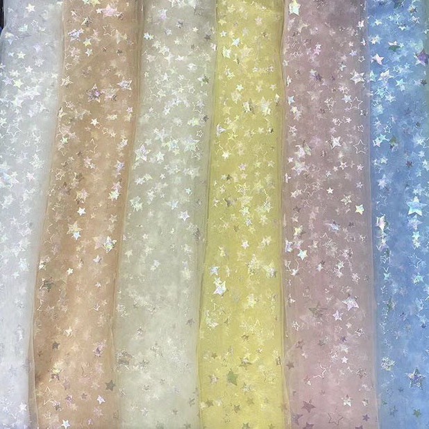 网红特密美国网幻彩五角星 用于女装 女童装网纱 供应彩色网布