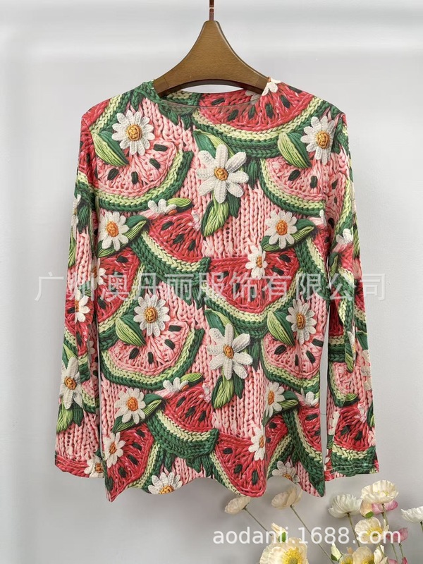 新款女装长袖通体印花婴儿棉时尚休闲百搭优雅宽松圆领透气T|undefined