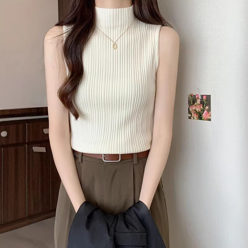 Core-Spun Yarn Half-Turtleneck Knitted Base Shirt for Women, Early Autumn Vest for Wearing under a Suit, Sleeveless Mid-Neck Sweater Core-Spun Yarn Half-Turtleneck Knitted Base Shirt for Women, Early Autumn Vest for Wearing under a Suit, Sleeveless Mid-Neck Sweater