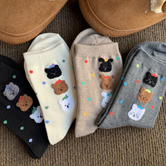 韓版ins時尚小熊頭彩點中筒襪秋冬日系可愛百搭植絨小熊襪子女