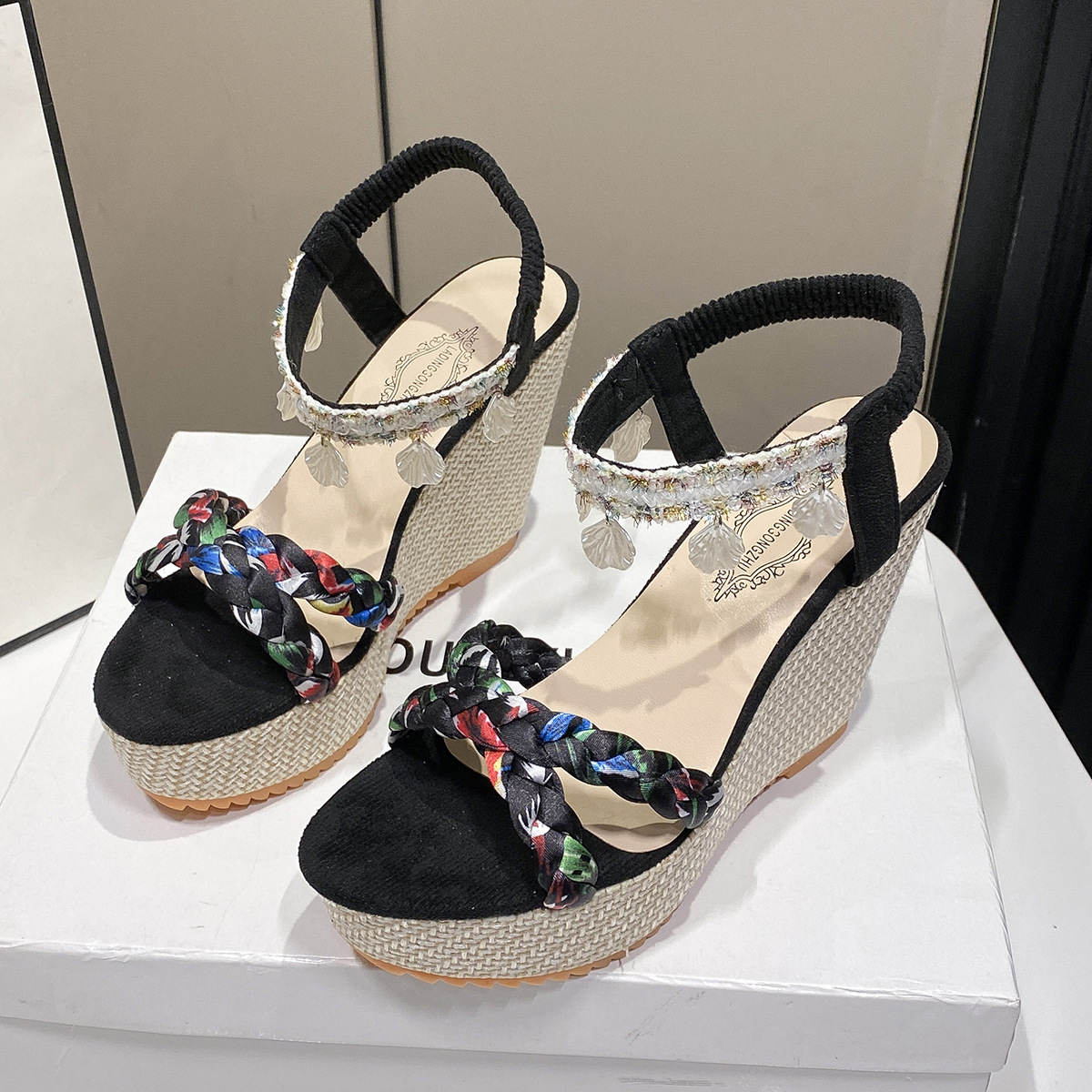 fashionable casual comfortable straw sandals wedge heel platform…